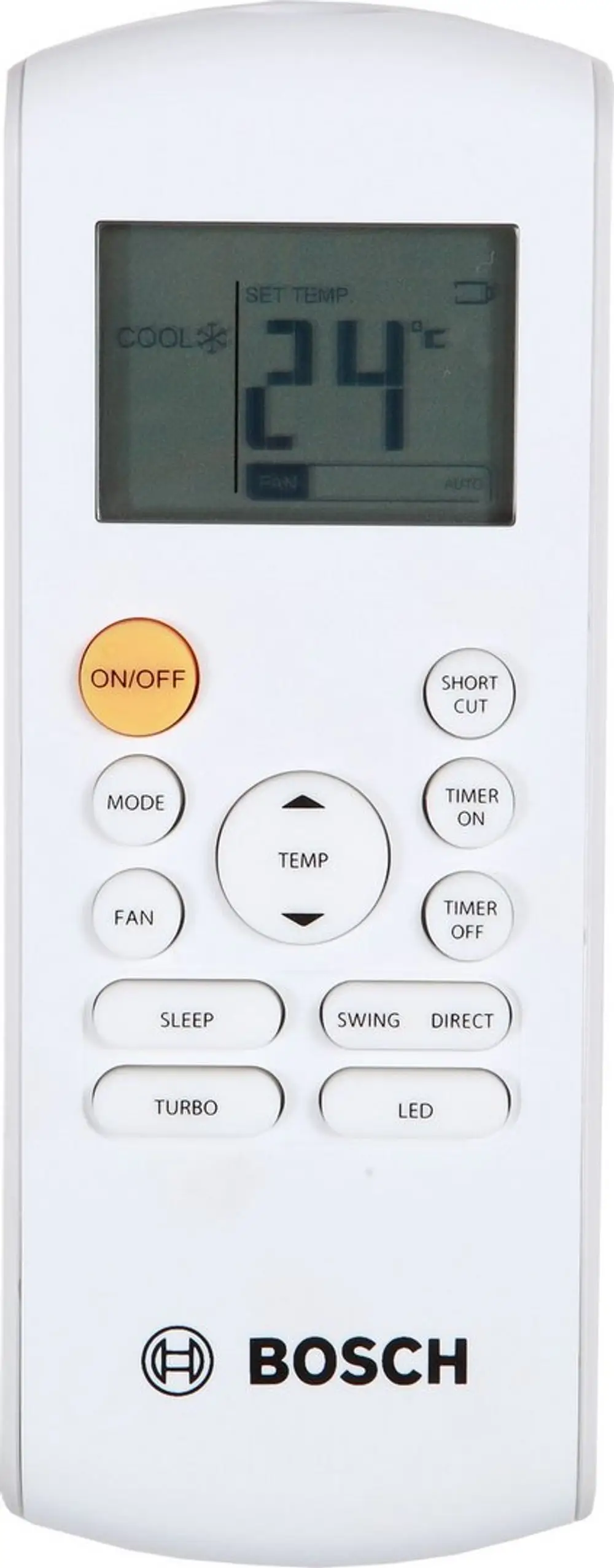 Fernbedienung von Bosch mit Tasten zur Temperatureinstellung, Betriebsmodi und Timer. Display zeigt aktuelle Einstellungen und Betriebsstatus.
